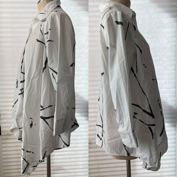 Comfy USA Blouse handkerchief hem abstract print collared size XS, lagenlook. - Picture 5 of 8